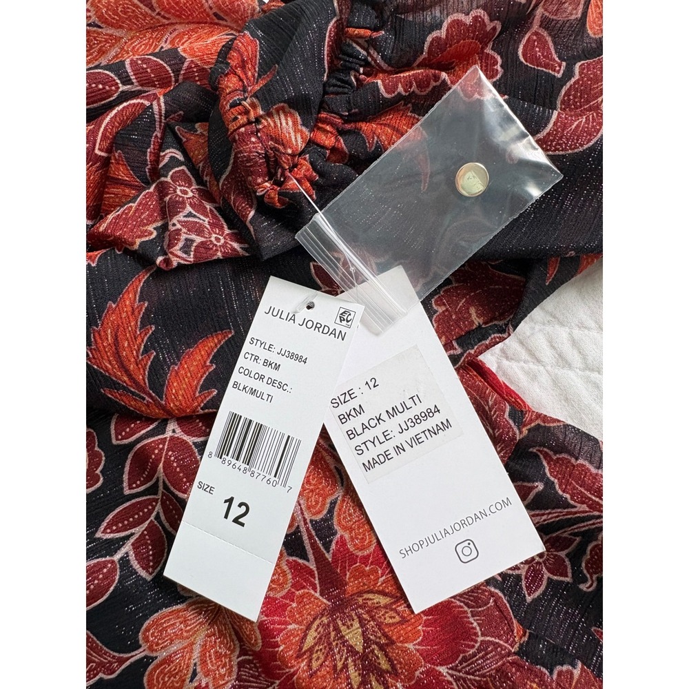 Julia Jordan Dress Metallic Floral Paisley Ruffle Neck Midi Black Orange Size 12 - Picture 6 of 11